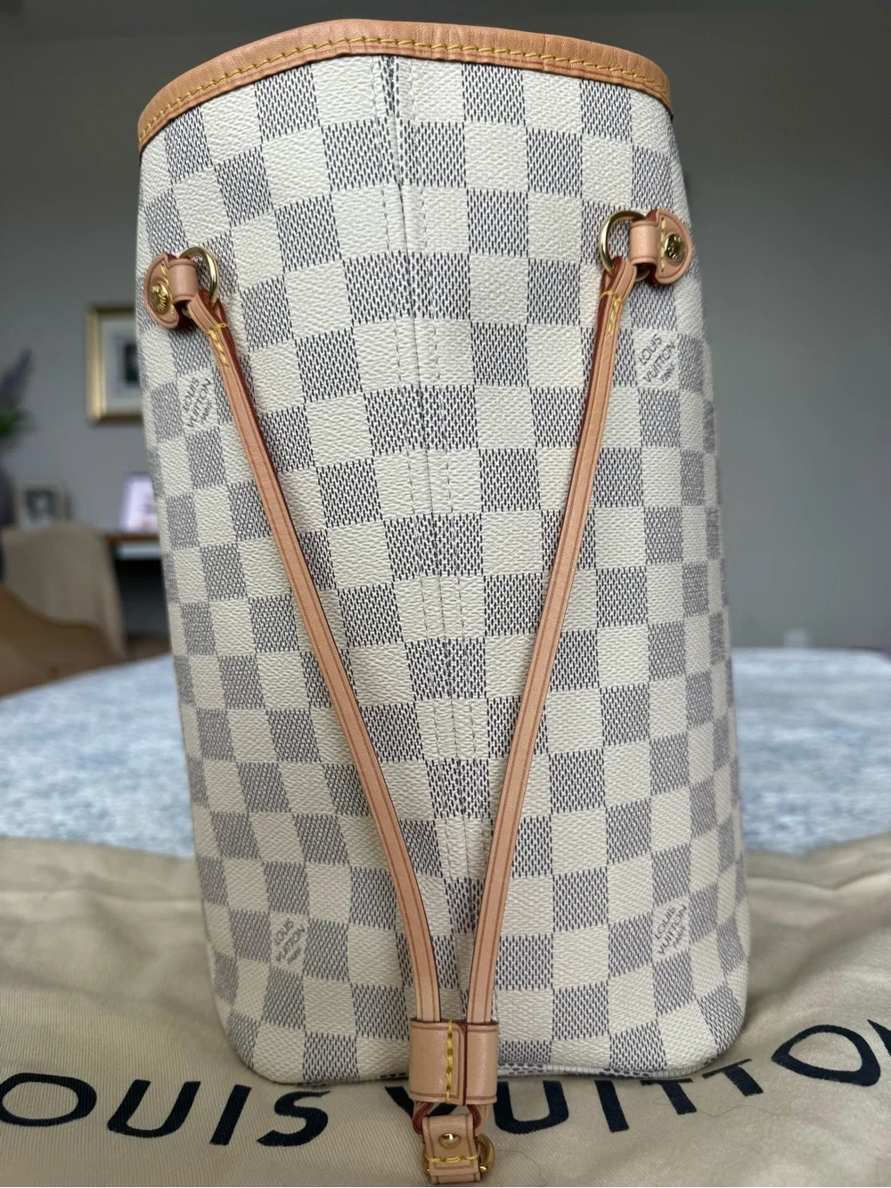 Louis Vuitton Neverfull MM Tote in Damier Azur with Rose Ballerine Interior